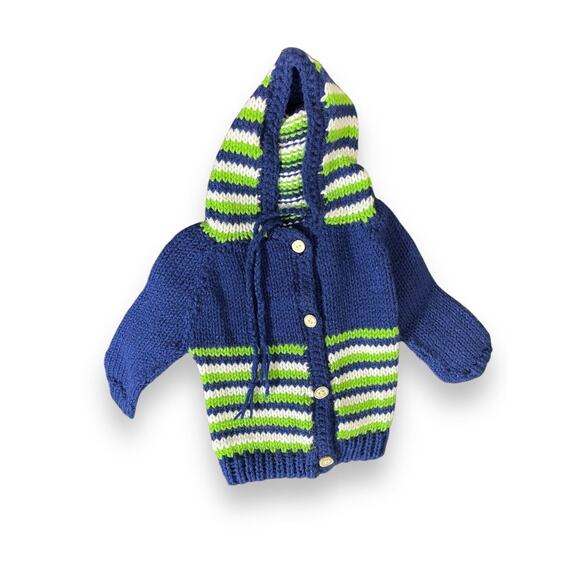 None Other - Vintage Kids Unisex Blue White Green Crochet Knit Hooded Cardigan Sweater 2T